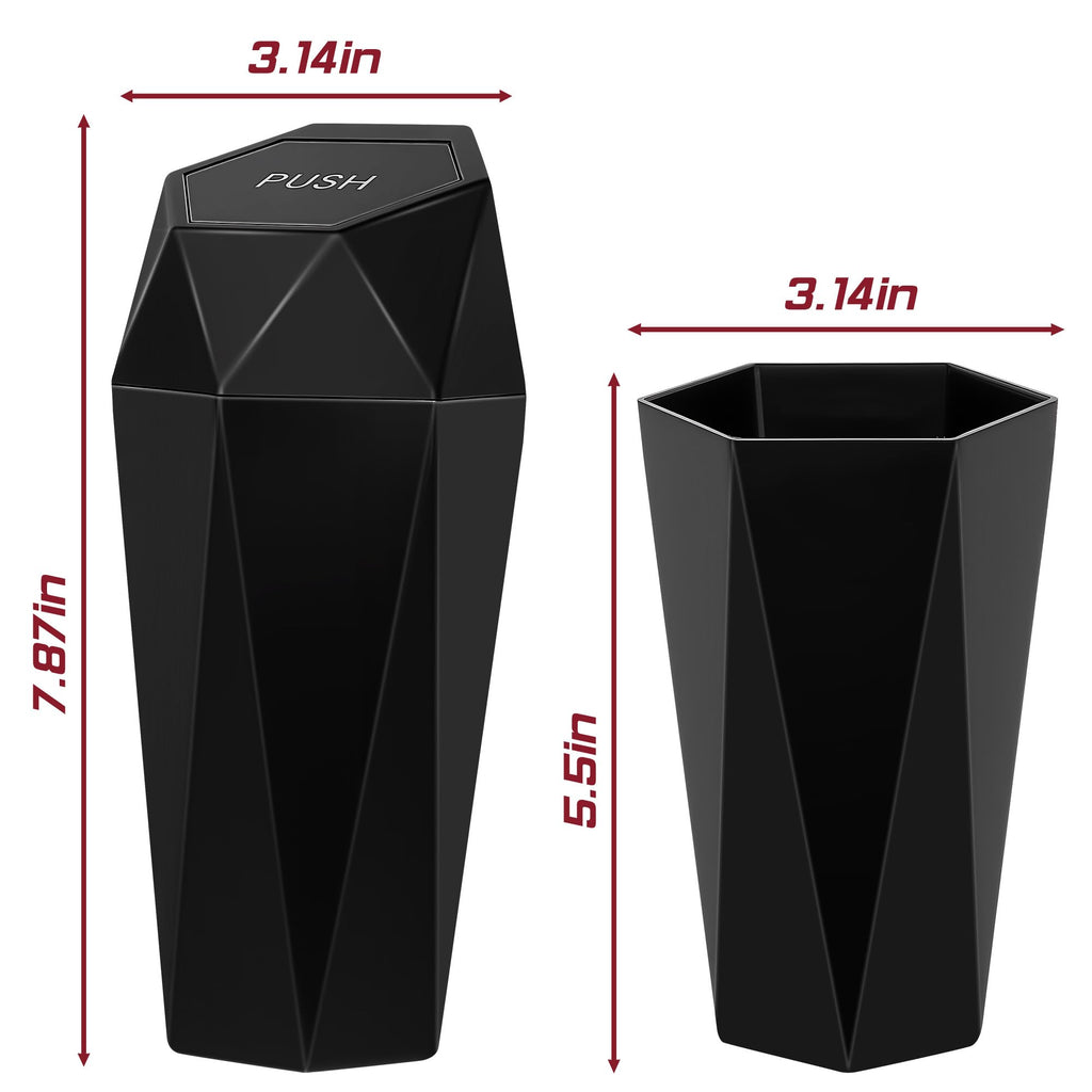 Push-Top Auto-Mülleimer – Kompakter 600-ml-Mülleimer mit Selbstschließfunktion für Getränkehalter, Türkartentasche & Schreibtisch, wasserdicht, auslaufsicher, schlankes geometrisches Design (Schwarz)