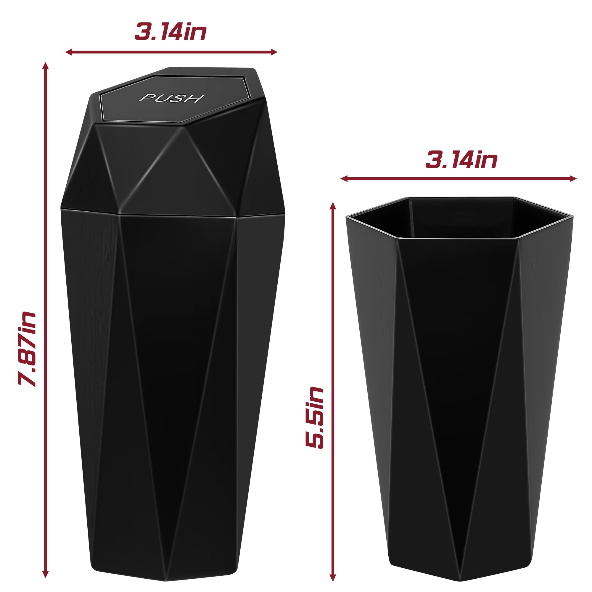 Push-Top Auto-Mülleimer – Kompakter 600-ml-Mülleimer mit Selbstschließfunktion für Getränkehalter, Türkartentasche & Schreibtisch, wasserdicht, auslaufsicher, schlankes geometrisches Design (Schwarz)
