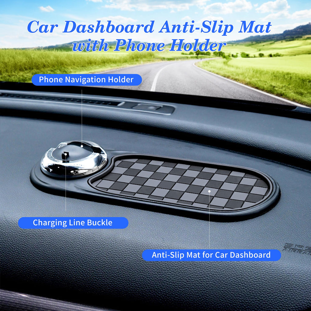2-in-1 Car Dashboard Anti-Slip Mat with 360° Rotating Phone Holder – Holds Phone, Sunglasses & Keys, Spring-Clamp Grip, Non-Slip Silicone, Universal Fit (Grey- Black)