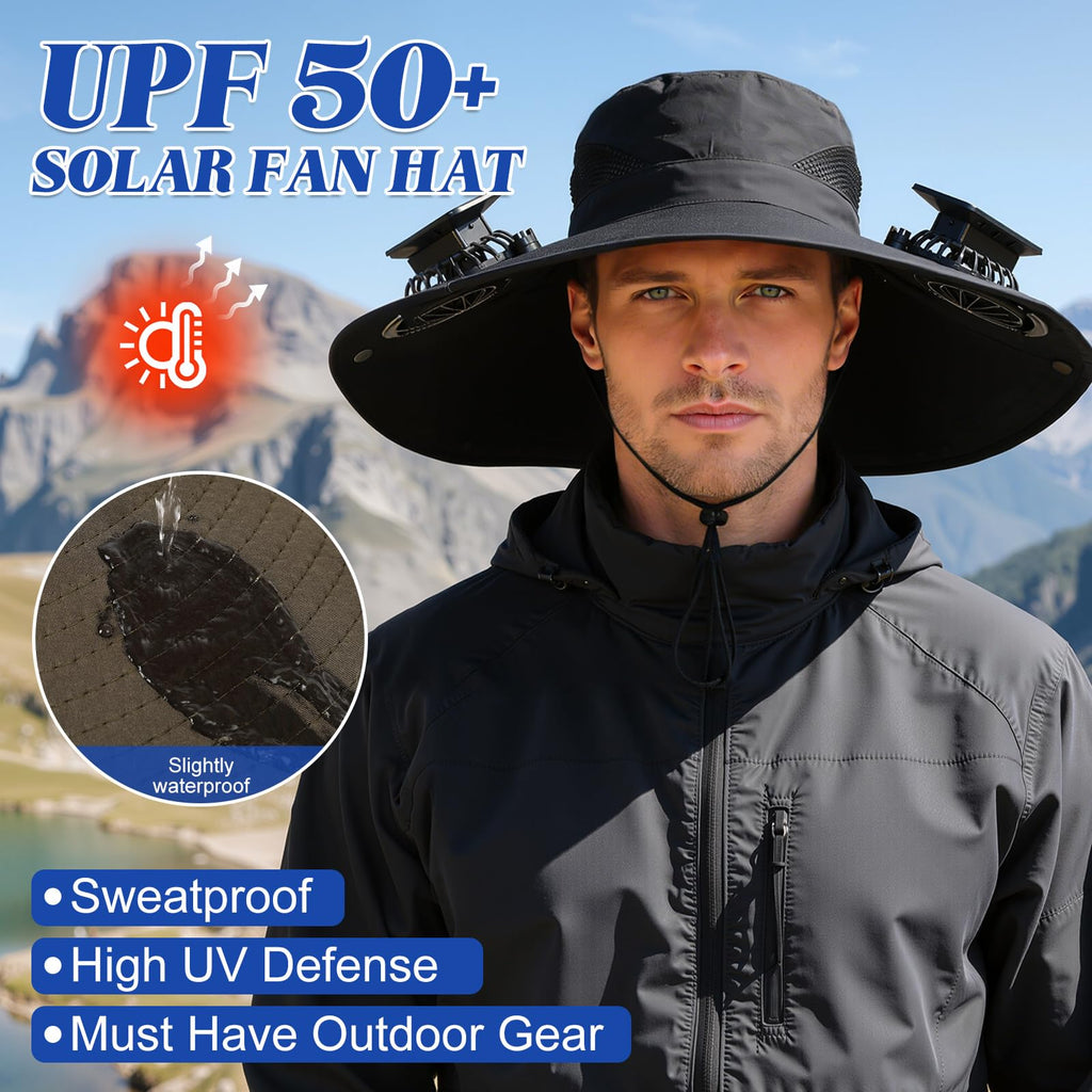Solar-Powered Dual-Fan Sun Hat – UPF 50+ Wide-Brim Outdoor Hat with 2 USB/Solar Rechargeable Fans, Adjustable Strap, Breathable Mesh, for Fishing, Hiking, Beach & Gardening; Unisex Cooling Cap with 800mAh Battery (Khaki)