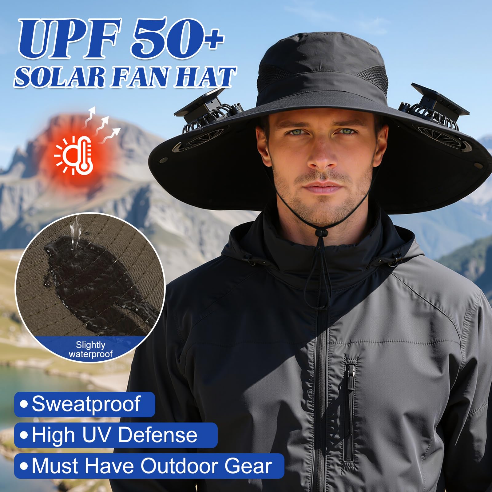 Solar-Powered Dual-Fan Sun Hat – UPF 50+ Wide-Brim Outdoor Hat with 2 USB/Solar Rechargeable Fans, Adjustable Strap, Breathable Mesh, for Fishing, Hiking, Beach & Gardening; Unisex Cooling Cap with 800mAh Battery (Khaki)