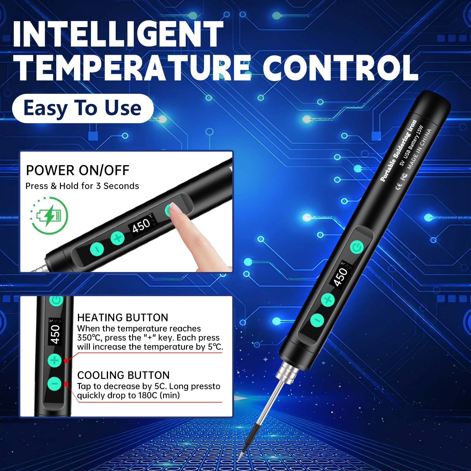 Portable USB-C Soldering Iron Kit – 15W Wireless Electric Soldering Pen with LCD Display, Adjustable Temp 180°C–450°C, 1100mAh Battery, Type-C Charging, Removable Tip, Stand & Sponge, Ideal for DIY Electronics Repair and Hobby Projects (Black)