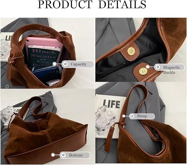 Leather Hobo Bags for Women Brown Purses Suede Purse Slouchy Tote Bag Suede Tote Bag Fall Winter Purses Handbag