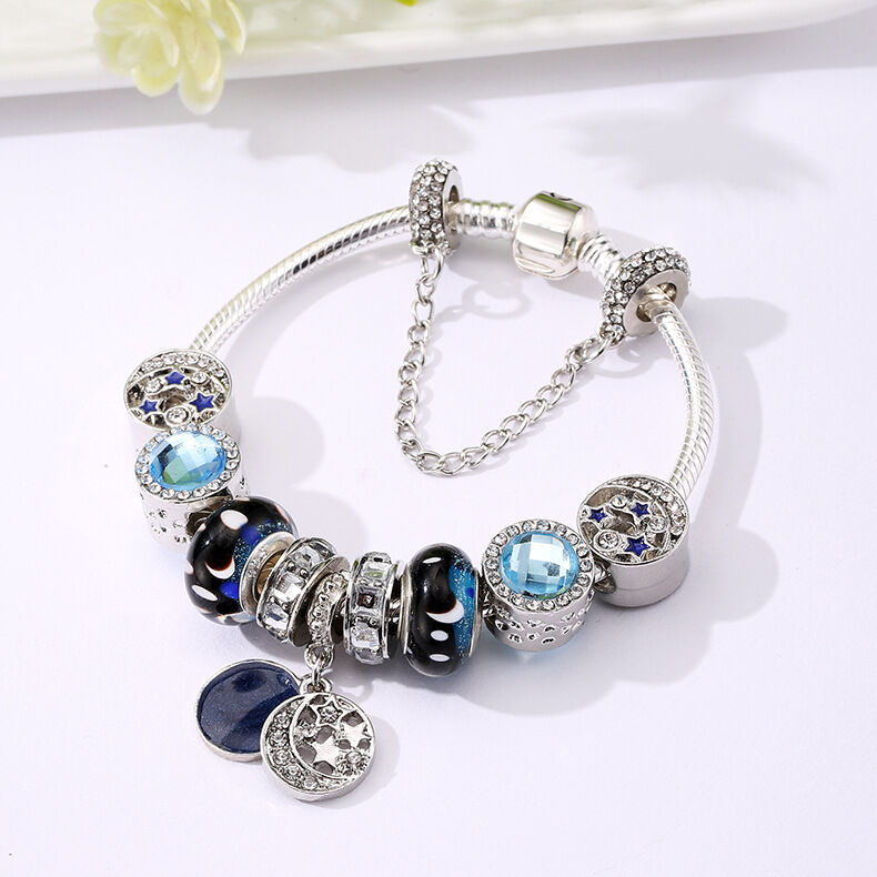 Blue Starry Sky Charm Bracelet with Moon & Star Pendant(19cm)