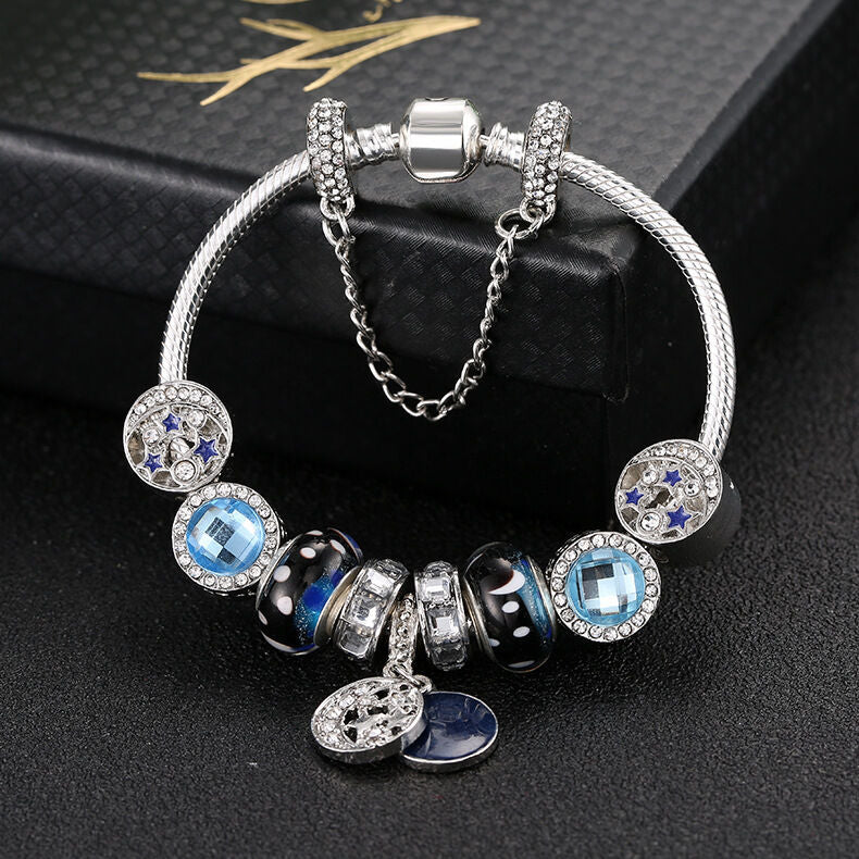 Blauer Sternenhimmel Charms Armband mit Mond- & Sternanhänger (19cm)
