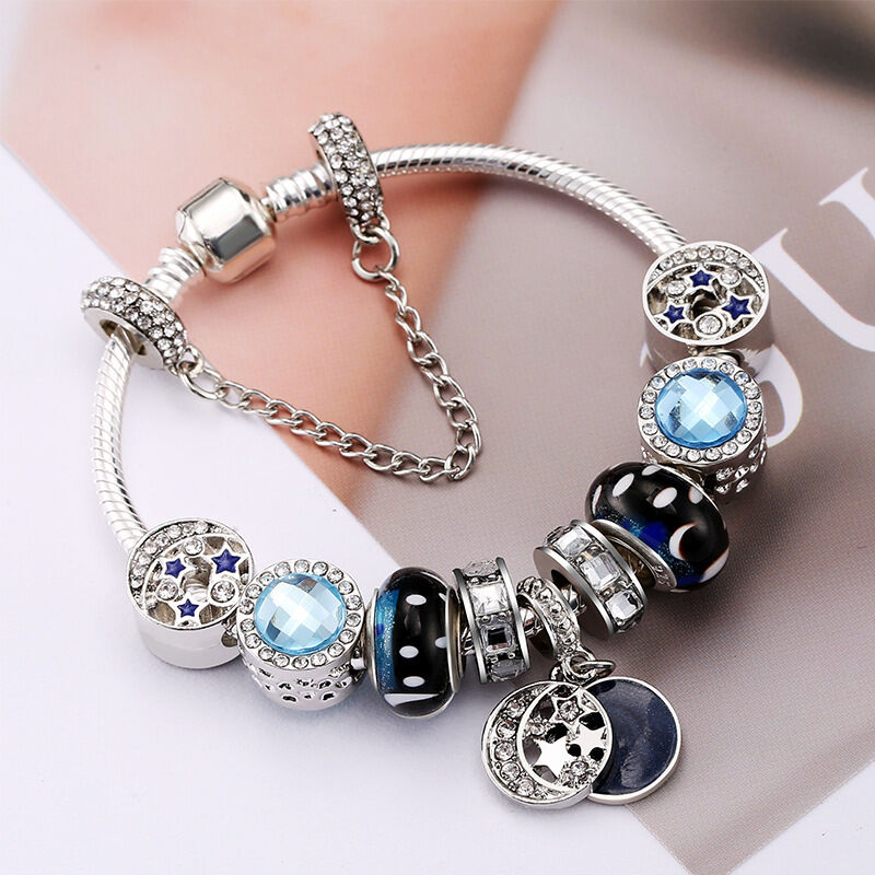 Blauer Sternenhimmel Charms Armband mit Mond- & Sternanhänger (19cm)