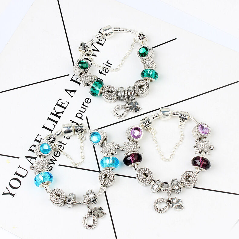 Charm Bracelet with Tortoise, Heart, Clover Pendant(Blue,18cm)