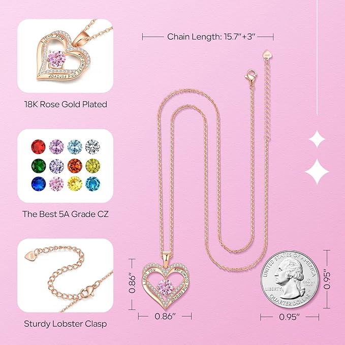 18K Rose Gold Necklaces for Women, 928 Sterling Silver Gifts for Mothers Day, Jewelry for Wife Mom Her Girlfriend, Birthstone Diamond Necklace for Birthday Anniversary, Heart Pendant Jewelry-OCT