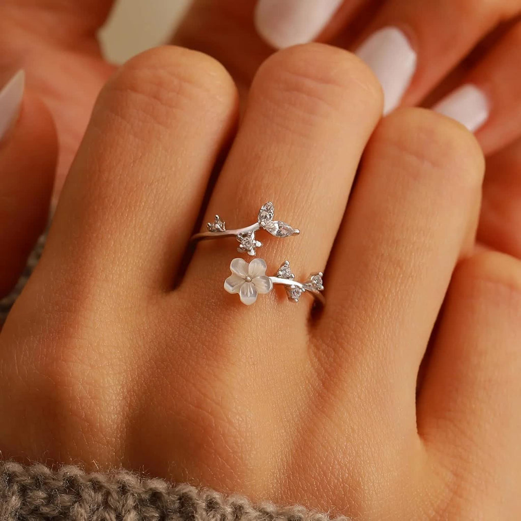 925 Sterling Silver Dainty Camellia Leaf CZs Ring for Women 14K Gold Plated Adjustable Leaves Leaf Laurel Ring to Daughter Mom White Shell Elegant Floral Crystal Finger Rings Wedding Birthday Jewelry