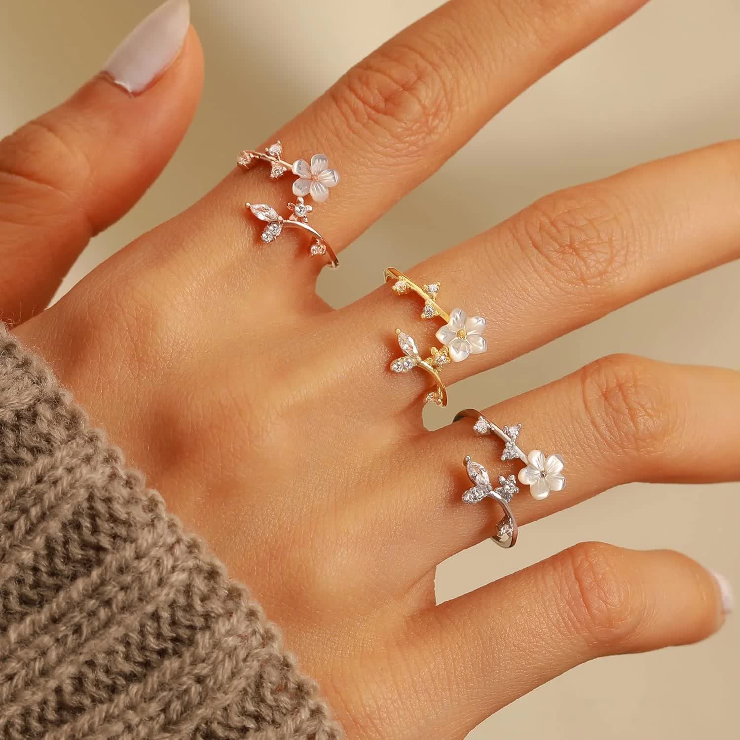 925 Sterling Silver Dainty Camellia Leaf CZs Ring for Women 14K Gold Plated Adjustable Leaves Leaf Laurel Ring to Daughter Mom White Shell Elegant Floral Crystal Finger Rings Wedding Birthday Jewelry
