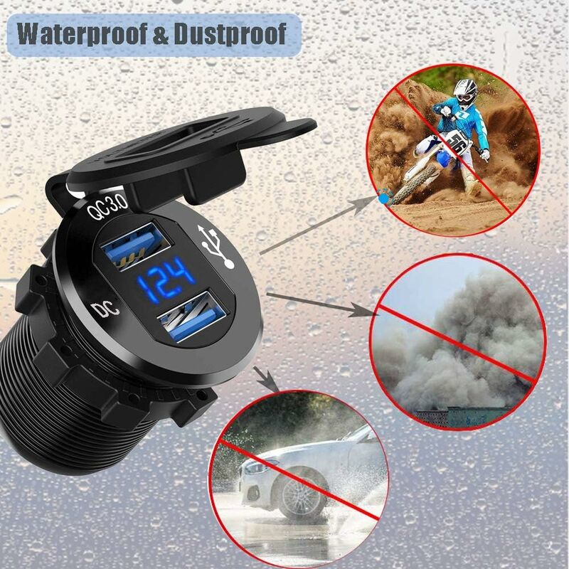 Fast Usb Car Charger Dual Qc3.0 Usb Ports, 12V/24V 36W Waterproof With LED Digital Voltmeter For Motorcycle, Caravan,