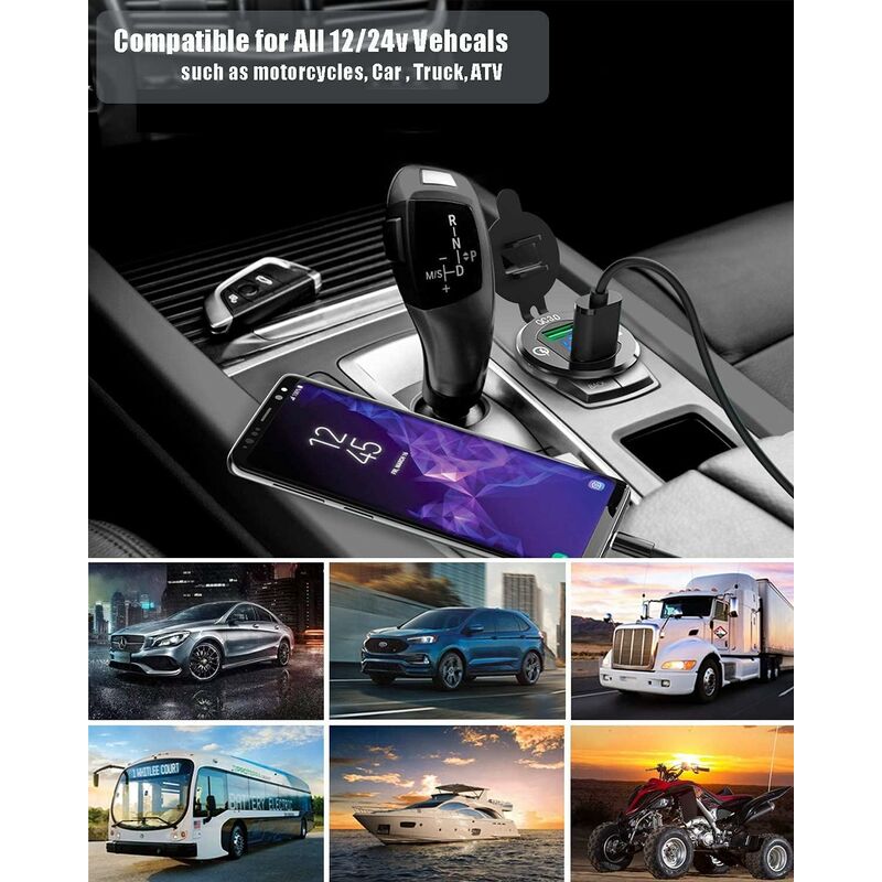 Fast Usb Car Charger Dual Qc3.0 Usb Ports, 12V/24V 36W Waterproof With LED Digital Voltmeter For Motorcycle, Caravan,