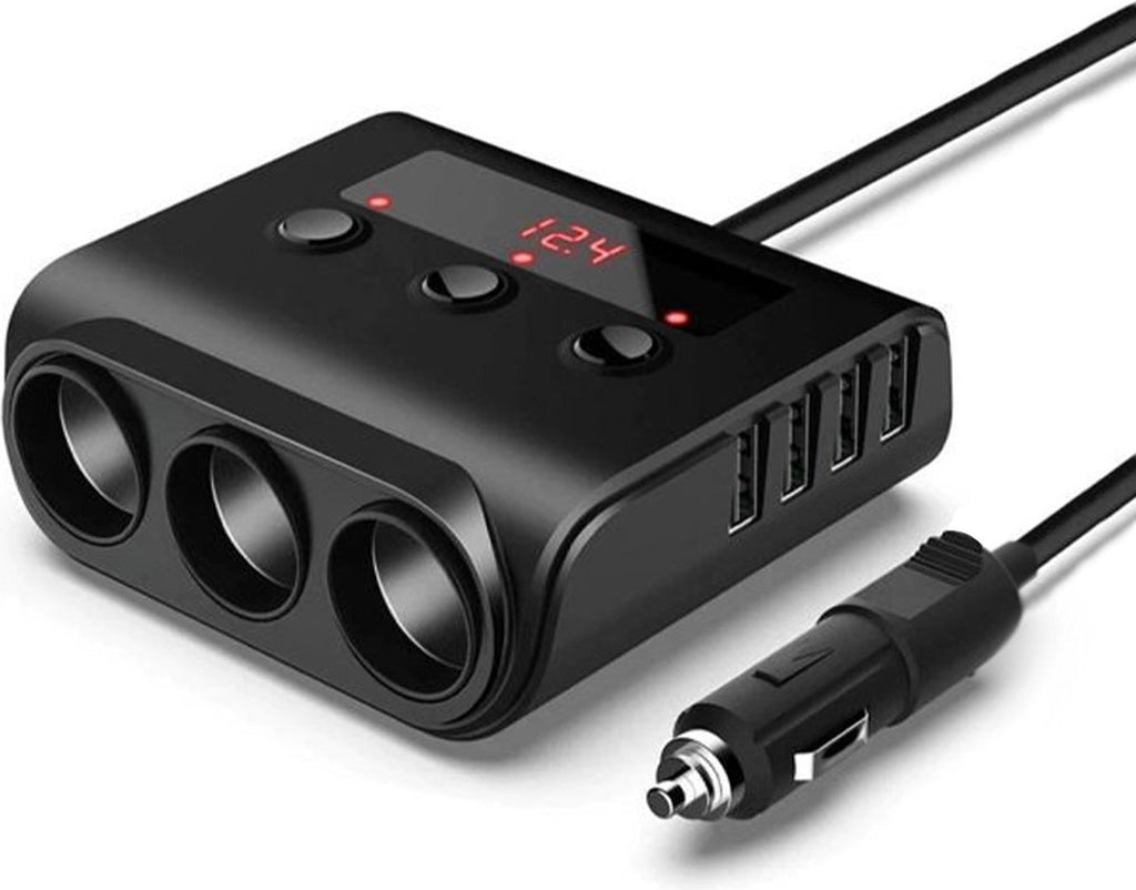 Kfz-Zigarettenanzünder-Splitter mit 12V/24V Voltmeter - 4x 5V/3.1A USB-Eingänge - 3 Zigarettenanzünderbuchsen - Auto-Ladegerät - Autozubehör - SIG04USB - Schwarz