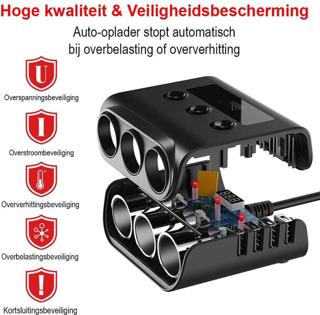 Kfz-Zigarettenanzünder-Splitter mit 12V/24V Voltmeter - 4x 5V/3.1A USB-Eingänge - 3 Zigarettenanzünderbuchsen - Auto-Ladegerät - Autozubehör - SIG04USB - Schwarz