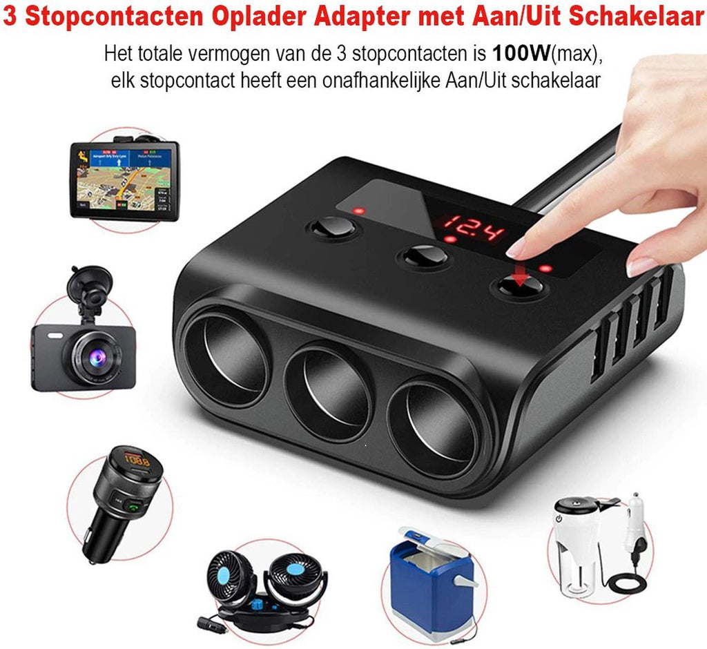 Kfz-Zigarettenanzünder-Splitter mit 12V/24V Voltmeter - 4x 5V/3.1A USB-Eingänge - 3 Zigarettenanzünderbuchsen - Auto-Ladegerät - Autozubehör - SIG04USB - Schwarz