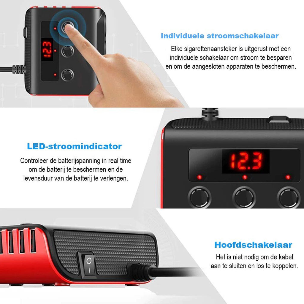 Kfz-Zigarettenanzünder-Splitter mit 12V/24V Voltmeter - 4x 5V/3.1A USB-Eingänge - 3 Zigarettenanzünderbuchsen - Auto-Ladegerät - Autozubehör - SIG04USB - Schwarz