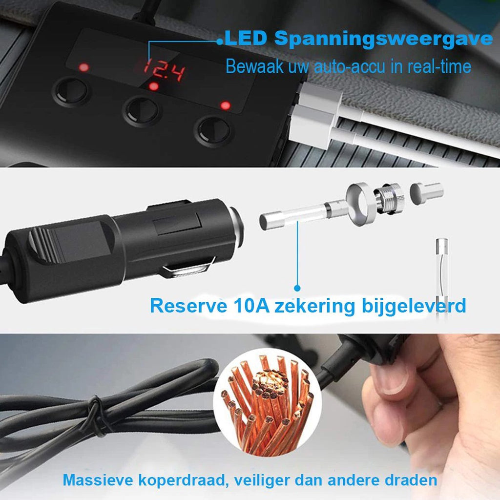 Kfz-Zigarettenanzünder-Splitter mit 12V/24V Voltmeter - 4x 5V/3.1A USB-Eingänge - 3 Zigarettenanzünderbuchsen - Auto-Ladegerät - Autozubehör - SIG04USB - Schwarz