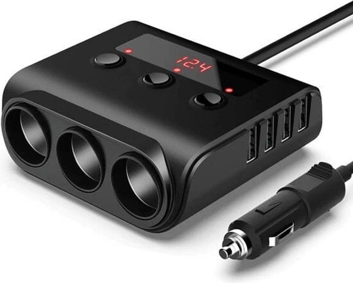 Kfz-Zigarettenanzünder-Splitter mit 12V/24V Voltmeter - 4x 5V/3.1A USB-Eingänge - 3 Zigarettenanzünderbuchsen - Auto-Ladegerät - Autozubehör - SIG04USB - Schwarz