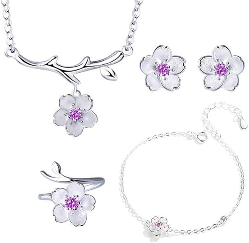 925 Sterling Silver Jewelry Sets Romantic Cherry Blossoms Flower Necklace+Earrings+Ring+Bracelet For Women Gift