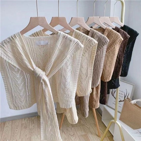 Knitted Openwork Shoulder Dress - Lightweight Cardigan & Scarf in One - Solid Color Goes With Everything - coffee