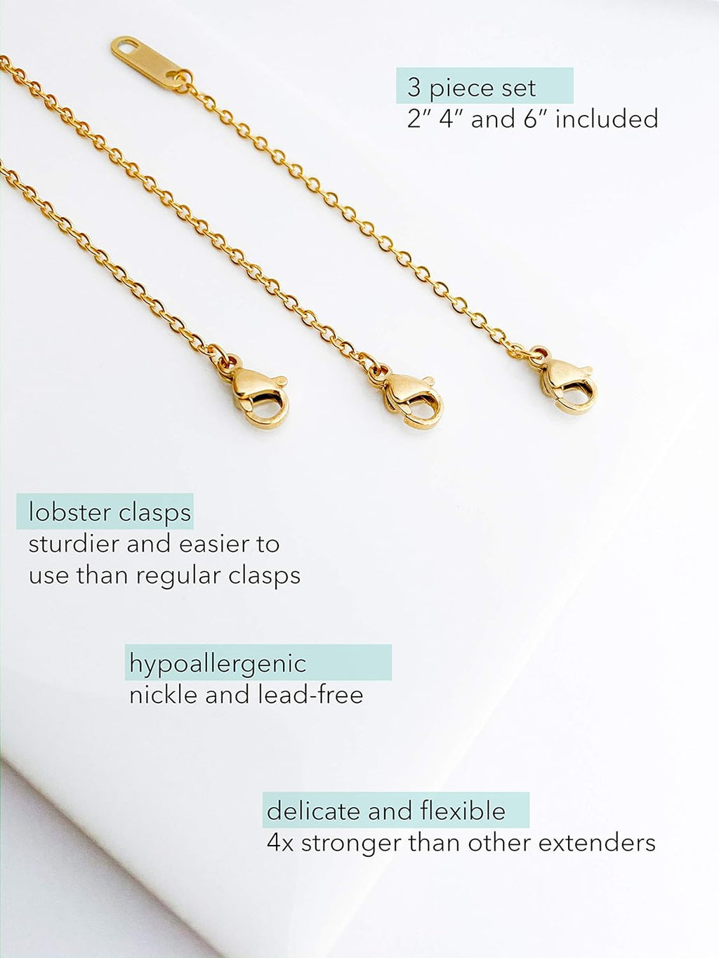 18k Gold Plated Necklace Extenders Delicate Necklace Extender Chain Set for Women 3 Piece Set, Extensions 2", 4", 6" Inches Hypoallergenic in Gold, Rose Gold, or Silver