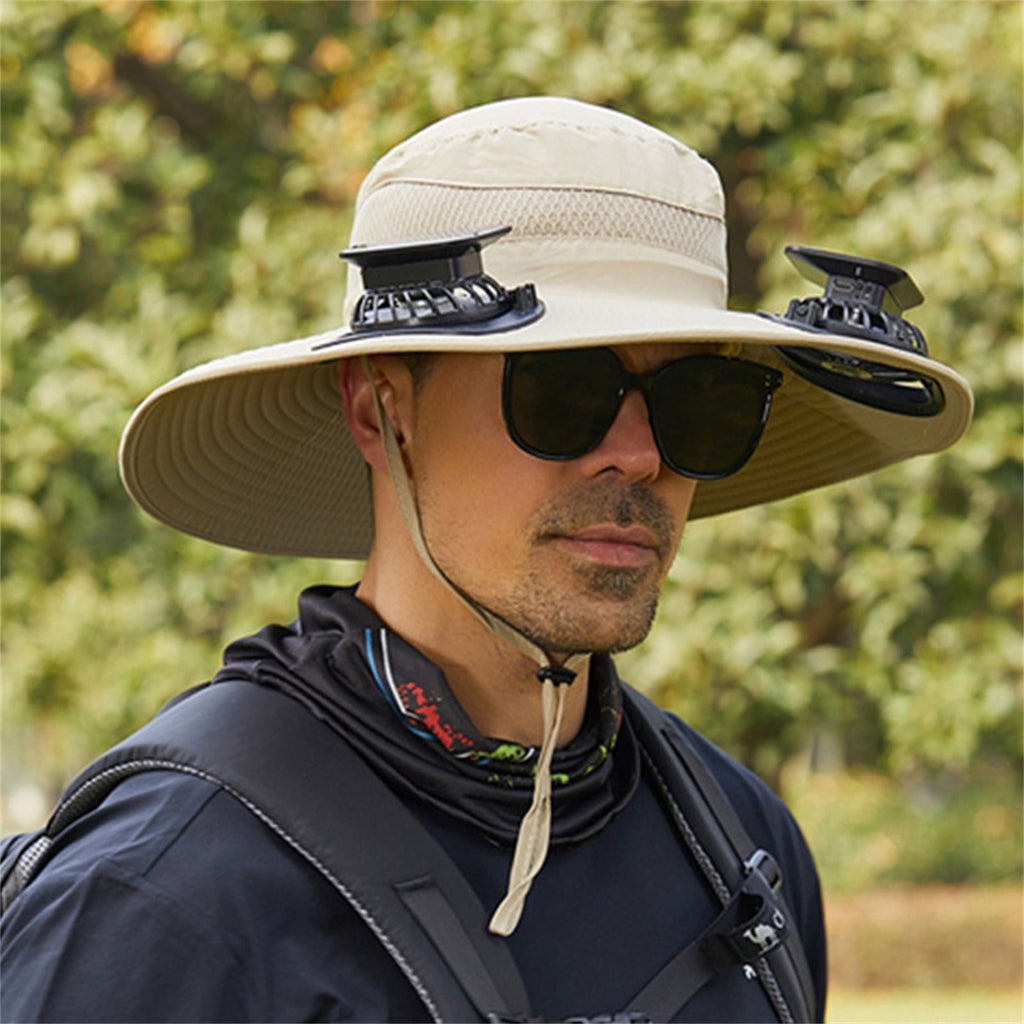 Darzheoy Solar Fan Hat Wide Brim Solar Fan Hat Outdoor Wide Brim Sun Hat with Solar Fan Fishing Hat, Removable & USB Charging Fan A-Khaki