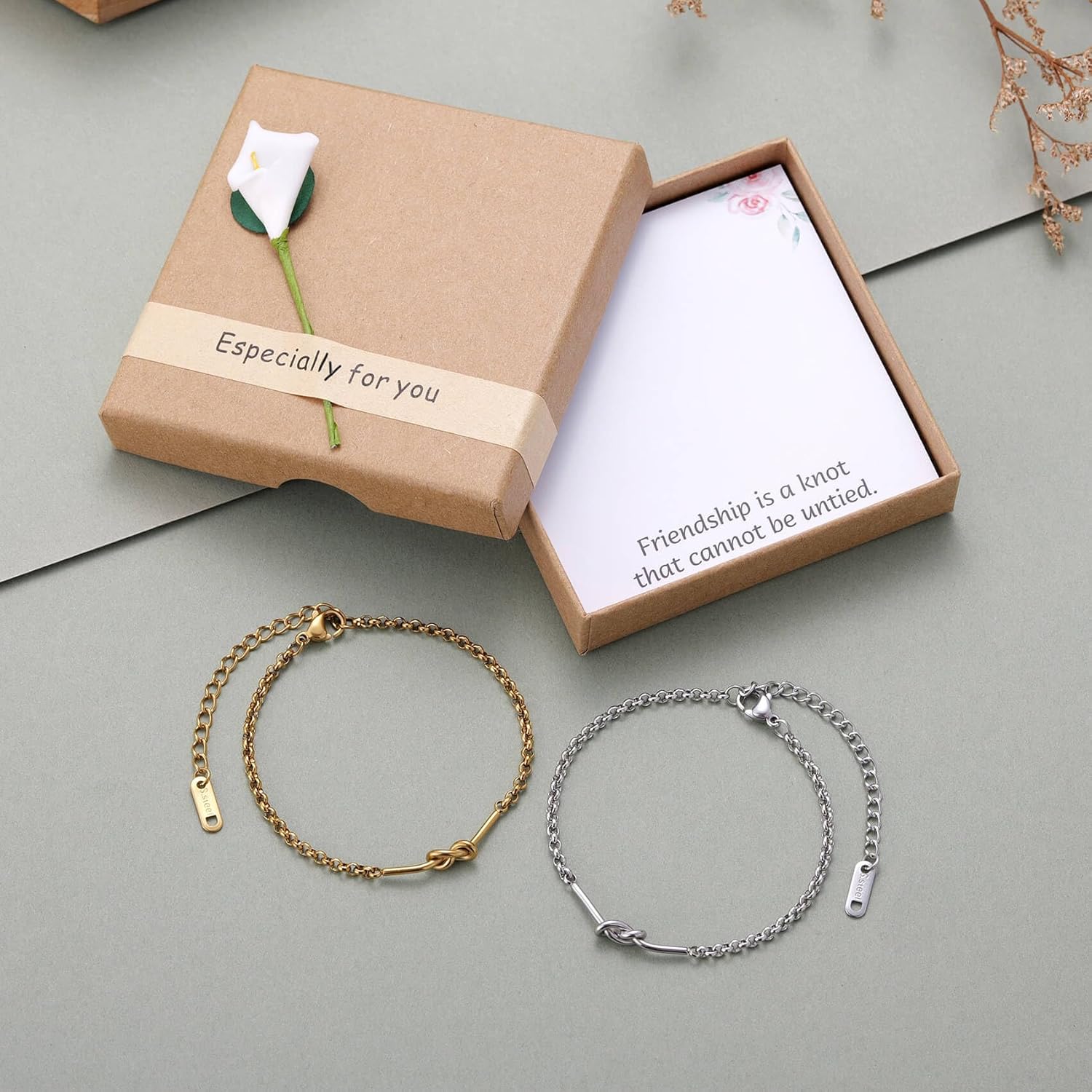 Kvekstio Set of 2 Friendship Knot Bracelets for Women – Gold & Silver Matching Chain Bracelets for Best Friends Besties or Bridesmaids, Meaningful Long-Distance Gift for Birthday Christmas Wedding