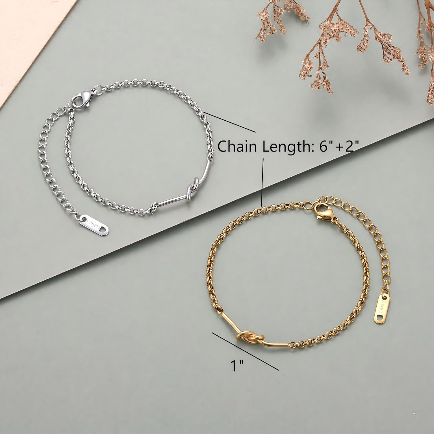 Kvekstio Set of 2 Friendship Knot Bracelets for Women – Gold & Silver Matching Chain Bracelets for Best Friends Besties or Bridesmaids, Meaningful Long-Distance Gift for Birthday Christmas Wedding
