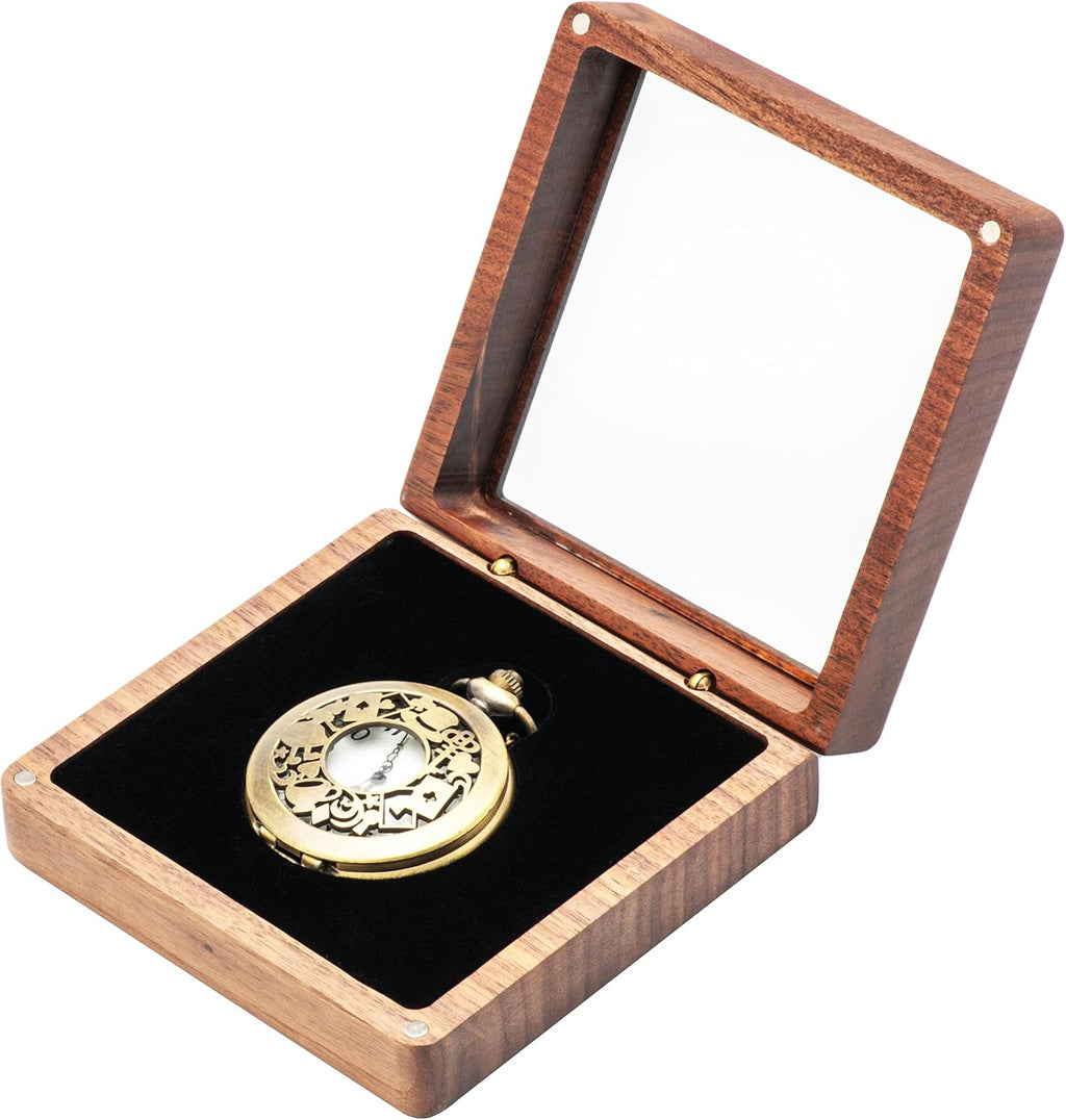 Geschenkbox für Taschenuhren aus Walnussholz mit Klarsicht-Acryldeckel, tragbare Aufbewahrungsbox für eine einzelne Taschenuhr, Reise-Organizer für Damen und Herren (innen Schwarz)