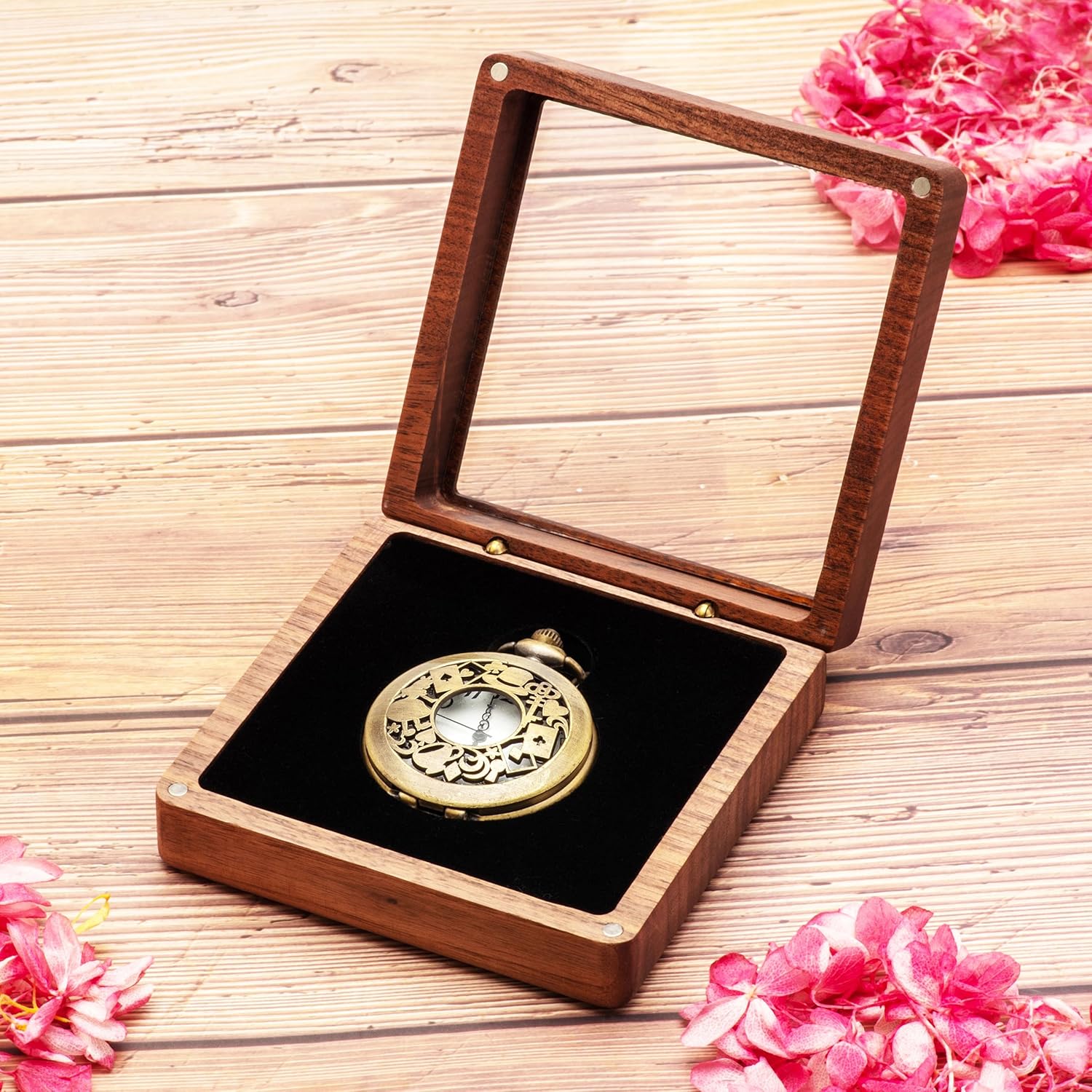 Geschenkbox für Taschenuhren aus Walnussholz mit Klarsicht-Acryldeckel, tragbare Aufbewahrungsbox für eine einzelne Taschenuhr, Reise-Organizer für Damen und Herren (innen Schwarz)