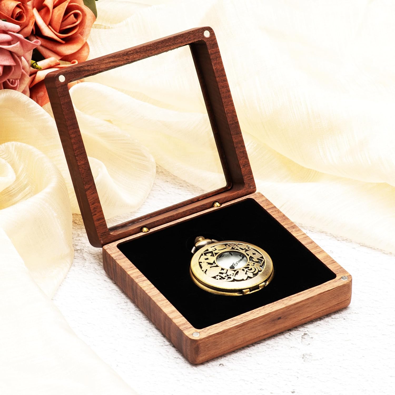 Geschenkbox für Taschenuhren aus Walnussholz mit Klarsicht-Acryldeckel, tragbare Aufbewahrungsbox für eine einzelne Taschenuhr, Reise-Organizer für Damen und Herren (innen Schwarz)