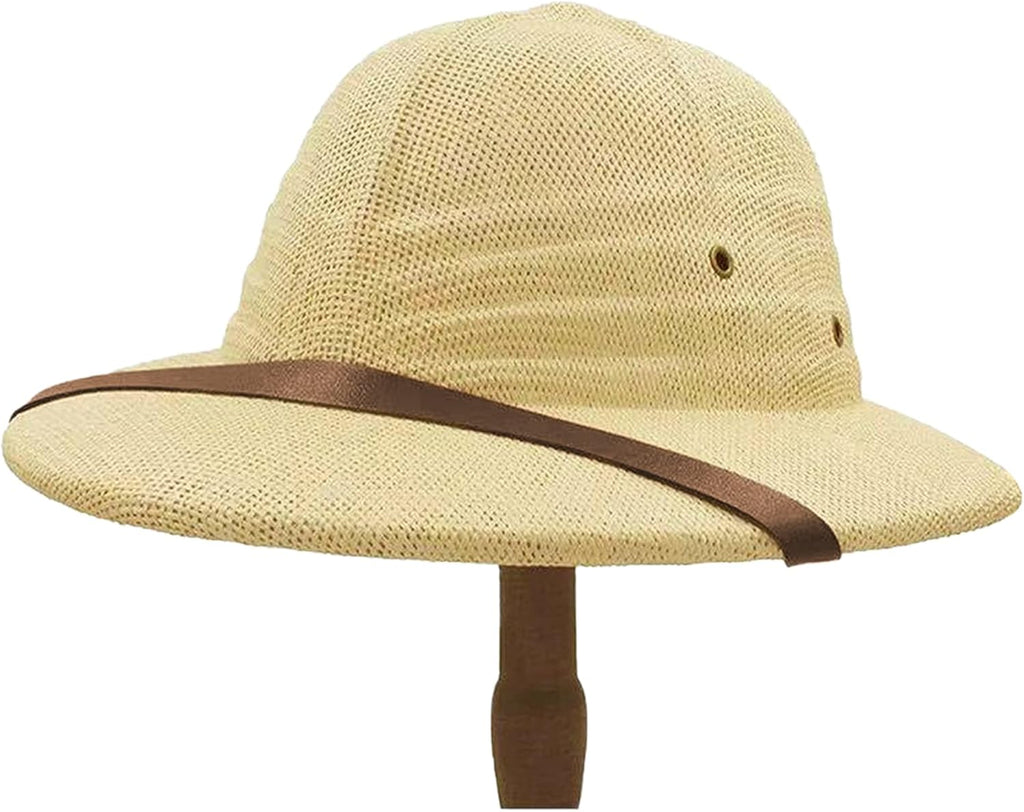 Strohhelm Pith Bucket Sonnenhut Herren Vietnamkrieg Armeehut Papa Boater Dschungel Safari Entdecker Bergmannshut (Verstellbares Kinnband)