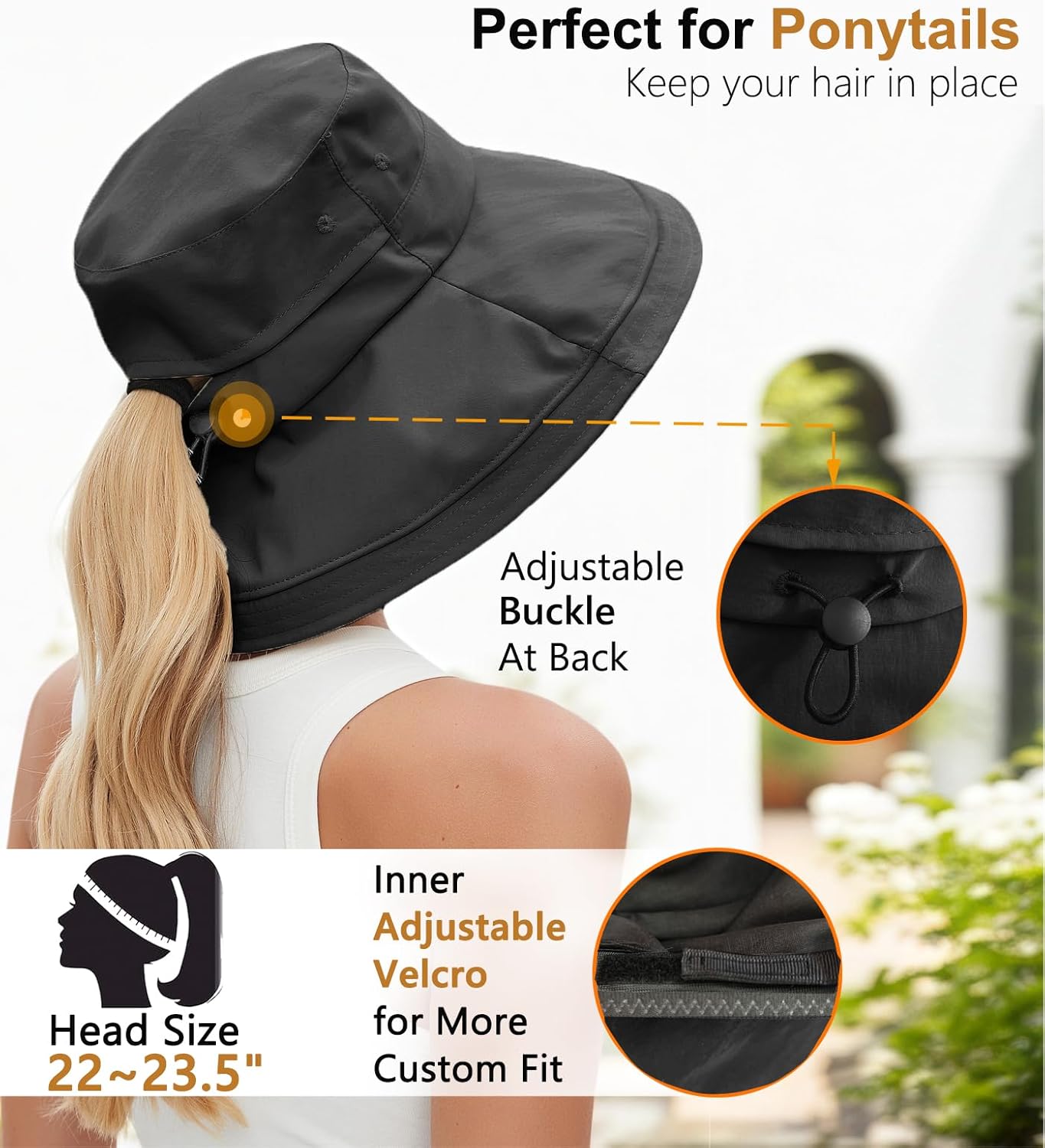 Sun Hats for Women, Wide Brim Waterproof Bucket Hat, Summer Beach Packable Ponytail Hat,UPF 50+ UV Protection