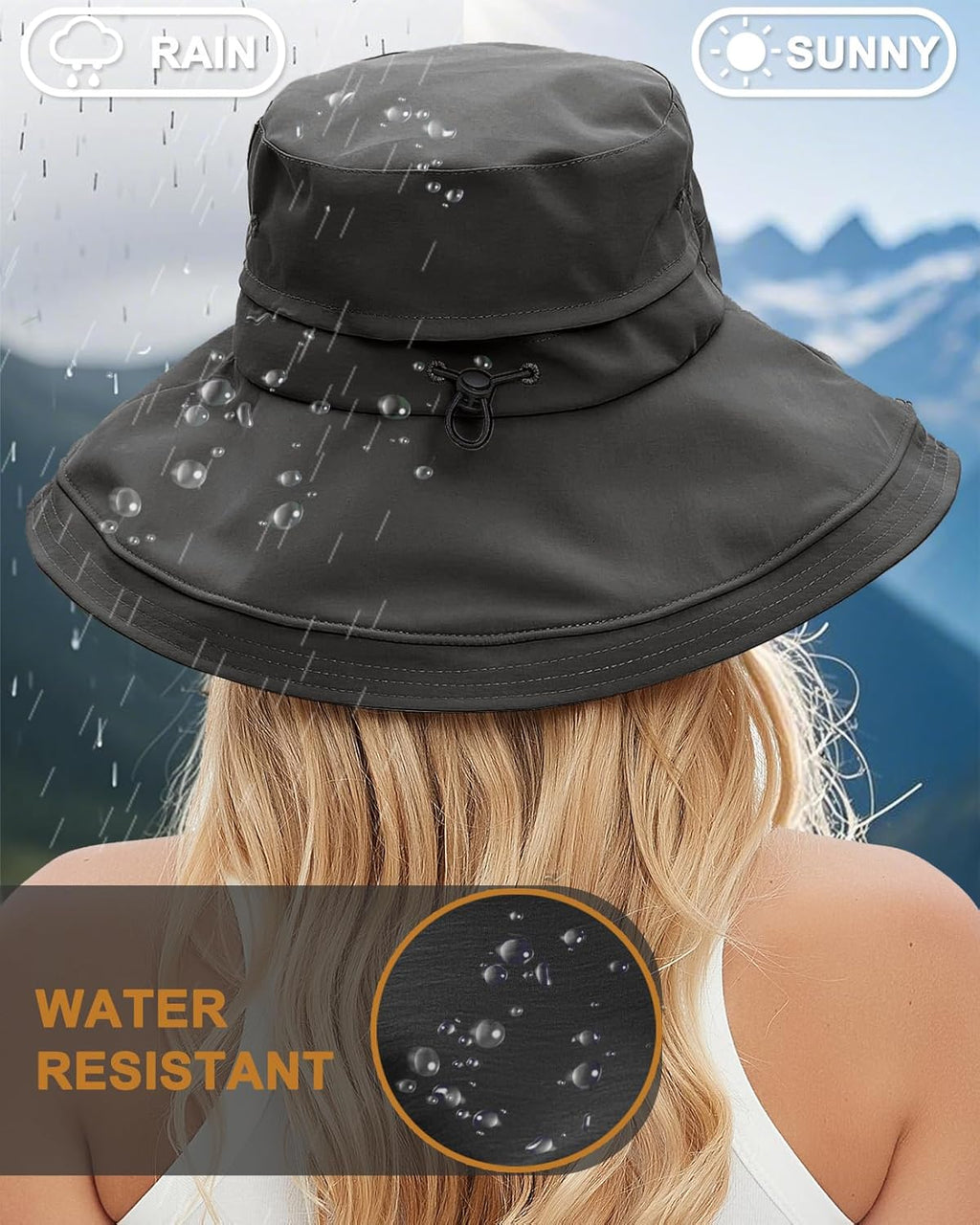 Sun Hats for Women, Wide Brim Waterproof Bucket Hat, Summer Beach Packable Ponytail Hat,UPF 50+ UV Protection