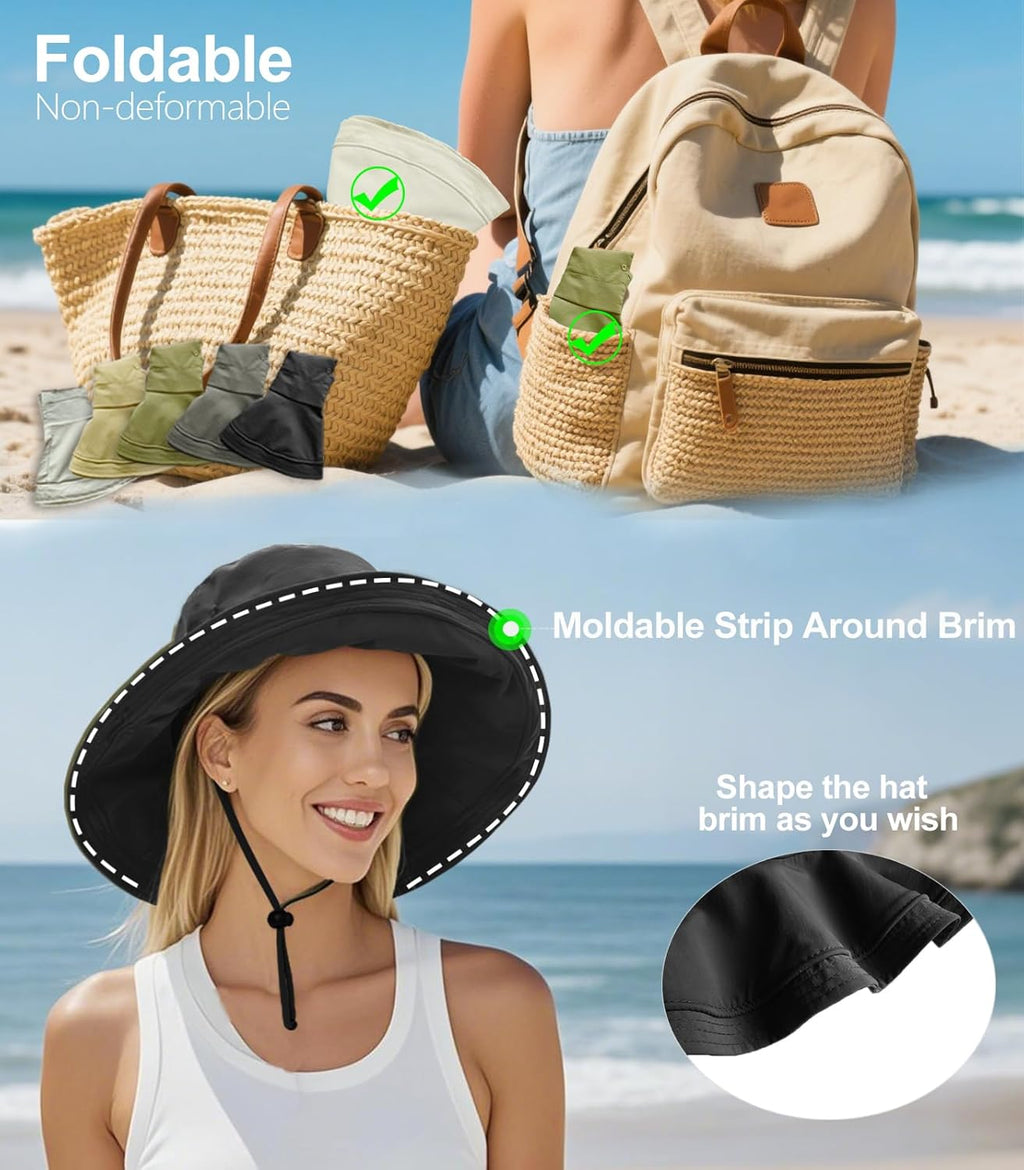 Sun Hats for Women, Wide Brim Waterproof Bucket Hat, Summer Beach Packable Ponytail Hat,UPF 50+ UV Protection