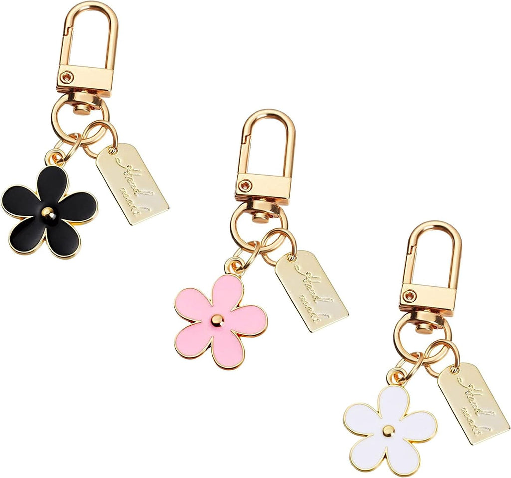 3 Stück Schlüsselanhänger für Damen, Taschenanhänger Blume Schlüsselanhänger Auto Schlüsselanhänger Anhänger für Geldbörse, Handtasche, Kopfhörerhülle Dekoration, Pink, Schwarz, Weiß, Einheitsgröße