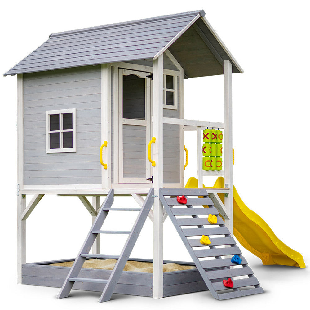 ROVO KIDS Holzturmspielhaus mit Rutsche, Sandkasten, Kletterwand, Tic-Tac-Toe