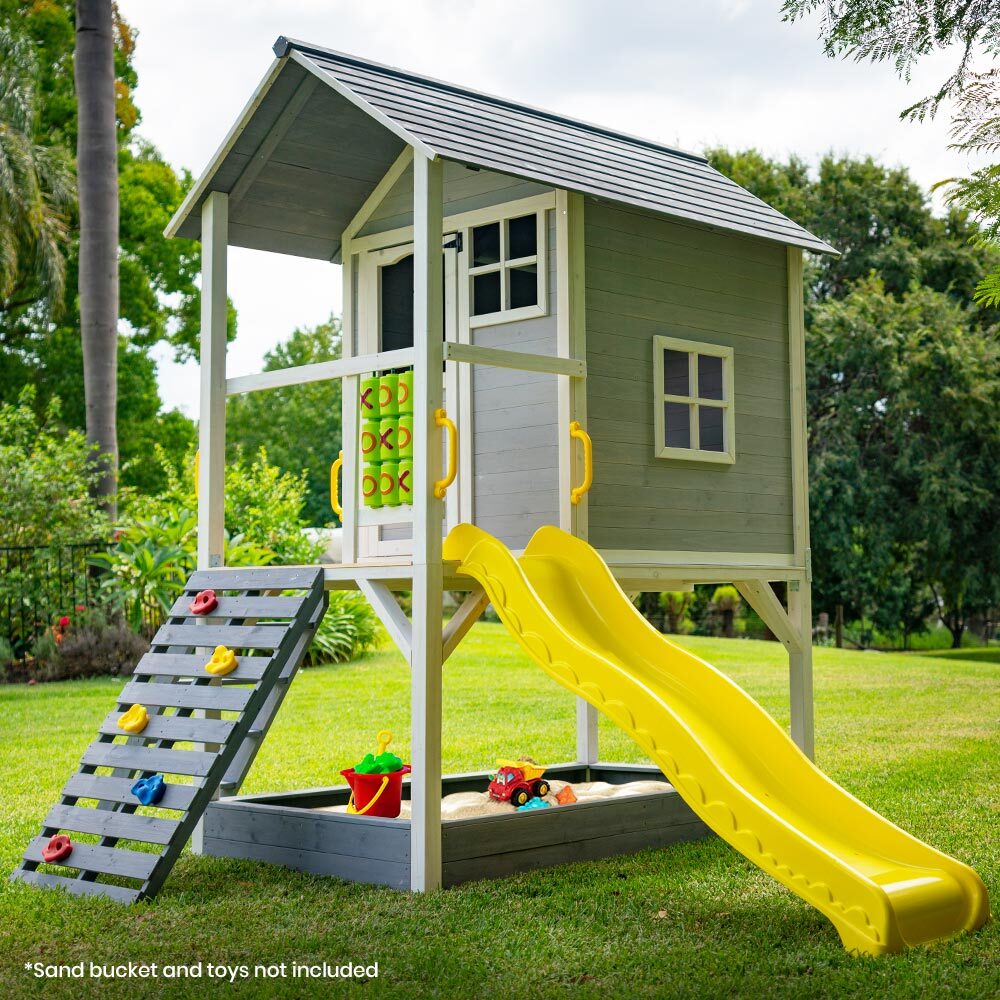 ROVO KIDS Holzturmspielhaus mit Rutsche, Sandkasten, Kletterwand, Tic-Tac-Toe