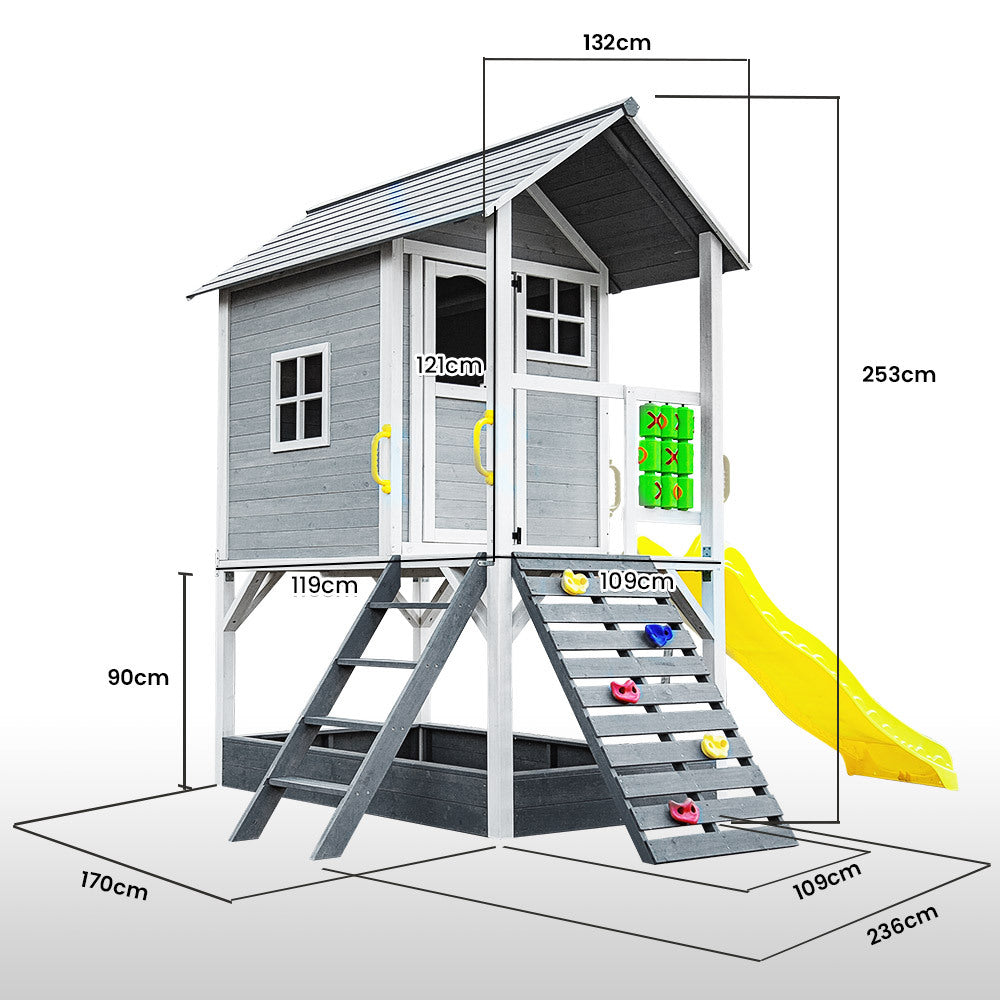 ROVO KIDS Holzturmspielhaus mit Rutsche, Sandkasten, Kletterwand, Tic-Tac-Toe