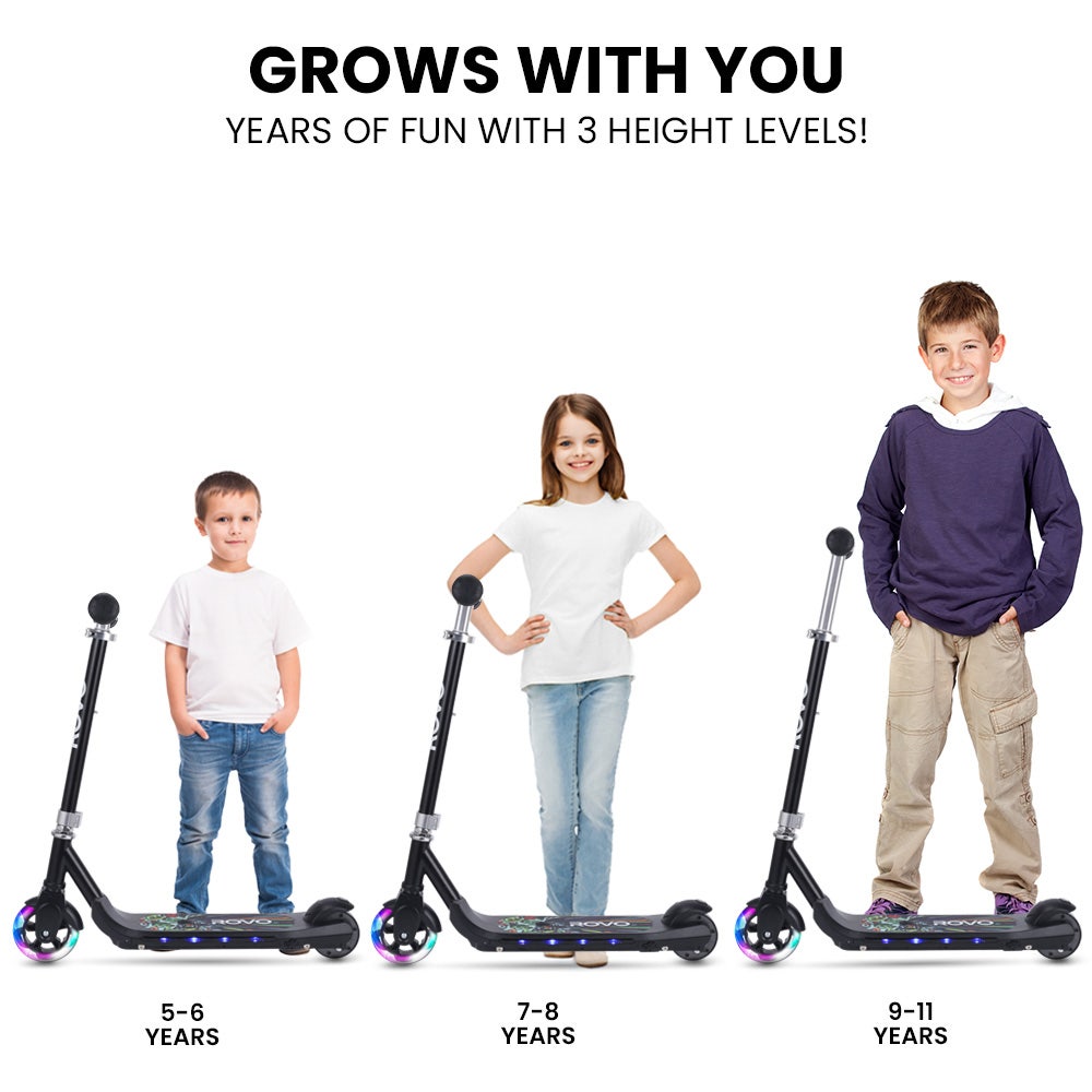 ROVO KIDS WhizKid Elektroroller, Alter 5-11, höhenverstellbar, AU-konform, Lithium-Akku, bürstenloser Motor, Schwarz