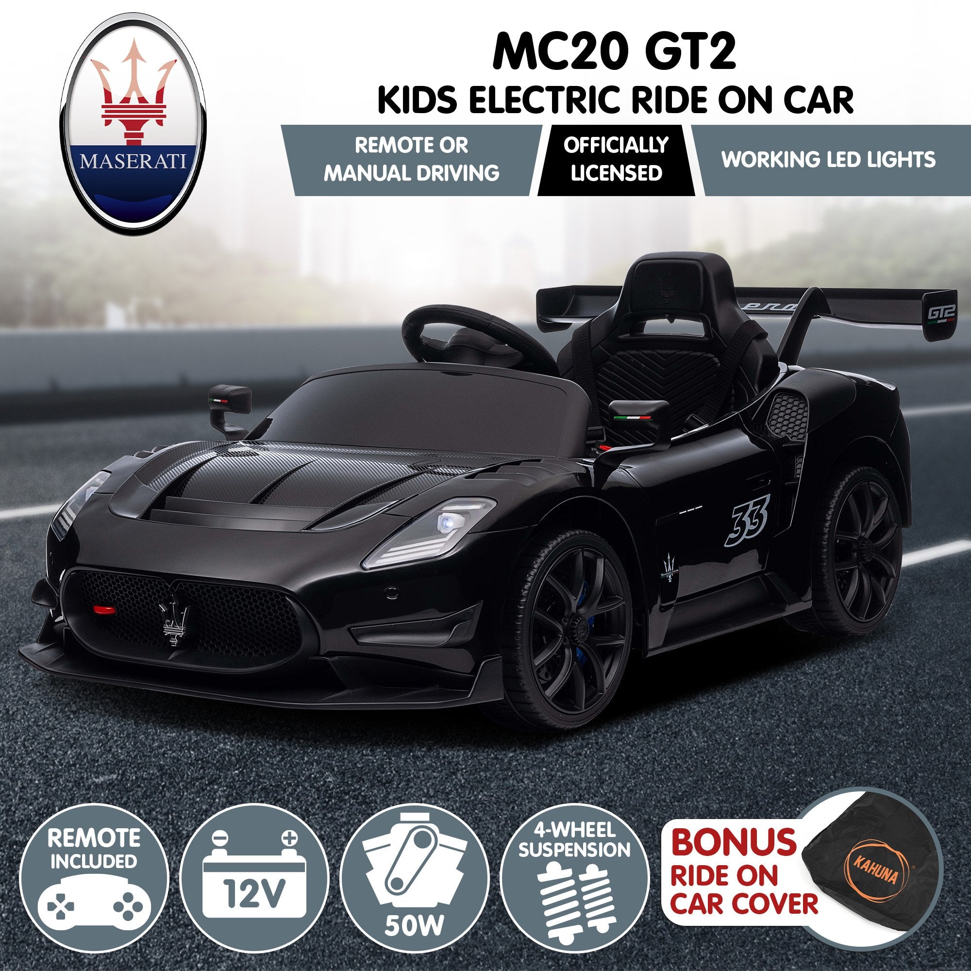 Kahuna Maserati MC20 GT2 Lizenzierte elektrische Kinder-Aufsitz-Rennauto Schwarz