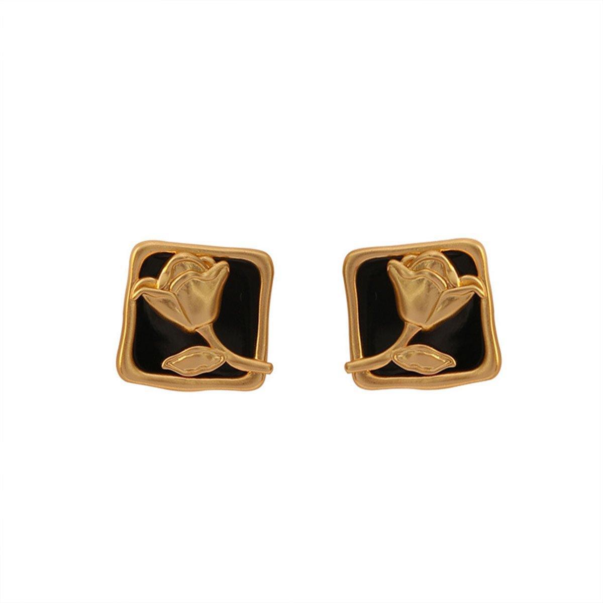 Vintage Matt Schwarz Rose Quadrat Ohrstecker Elegante Mode Schmuck Damen