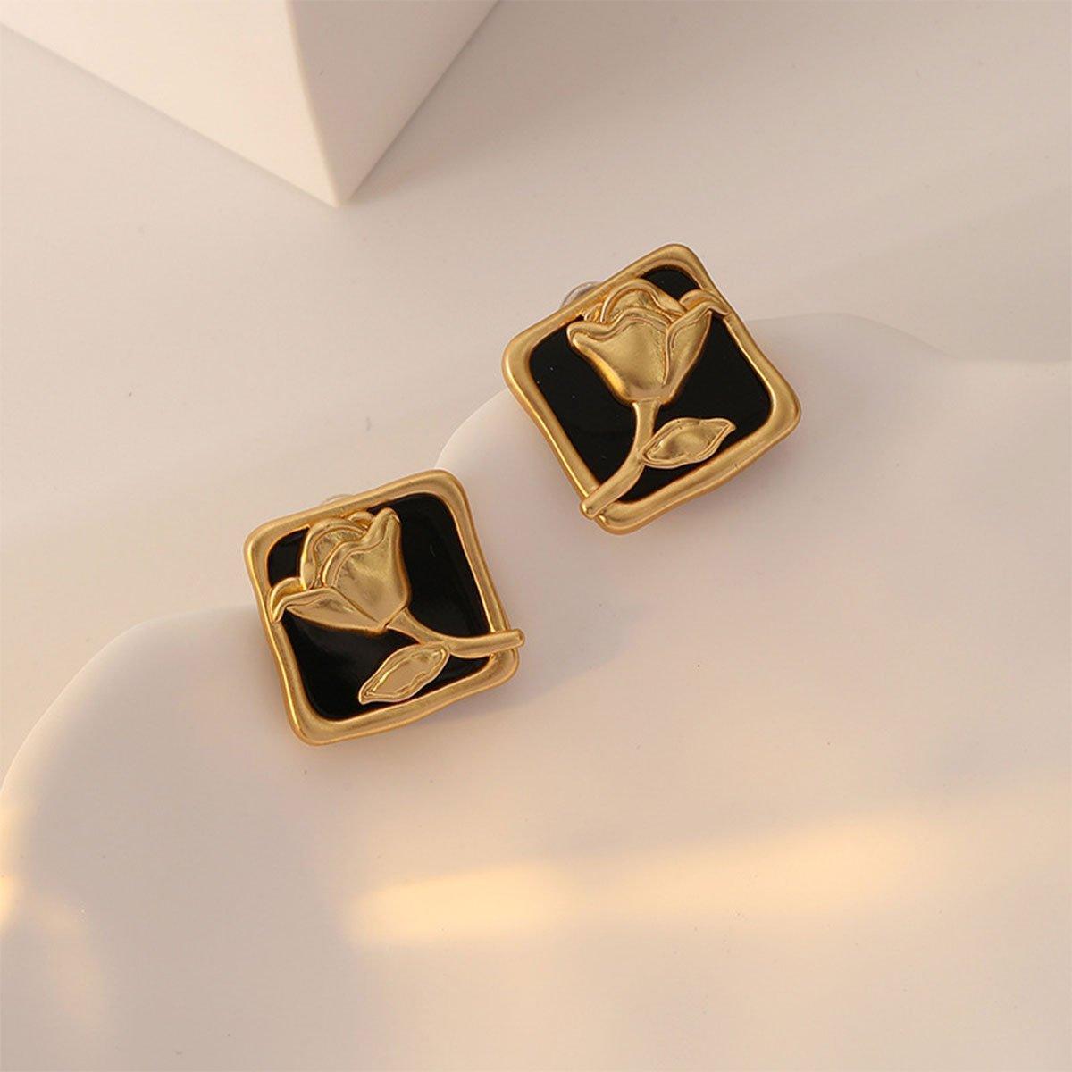 Vintage Matt Schwarz Rose Quadrat Ohrstecker Elegante Mode Schmuck Damen