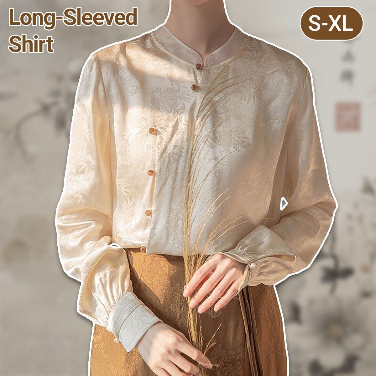 Neue chinesische Art Damen Top Stehkragen Langarm Elegantes Modehemd - L