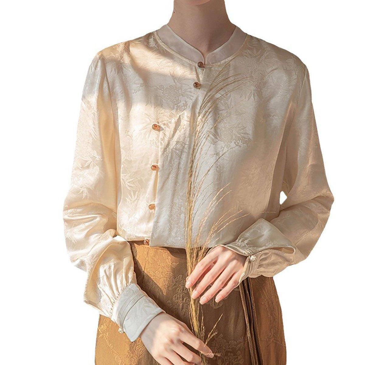 Neue chinesische Art Damen Top Stehkragen Langarm Elegantes Modehemd - L