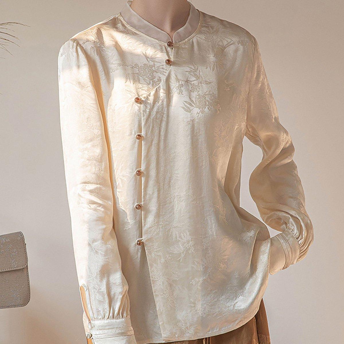 Neue chinesische Art Damen Top Stehkragen Langarm Elegantes Modehemd - L