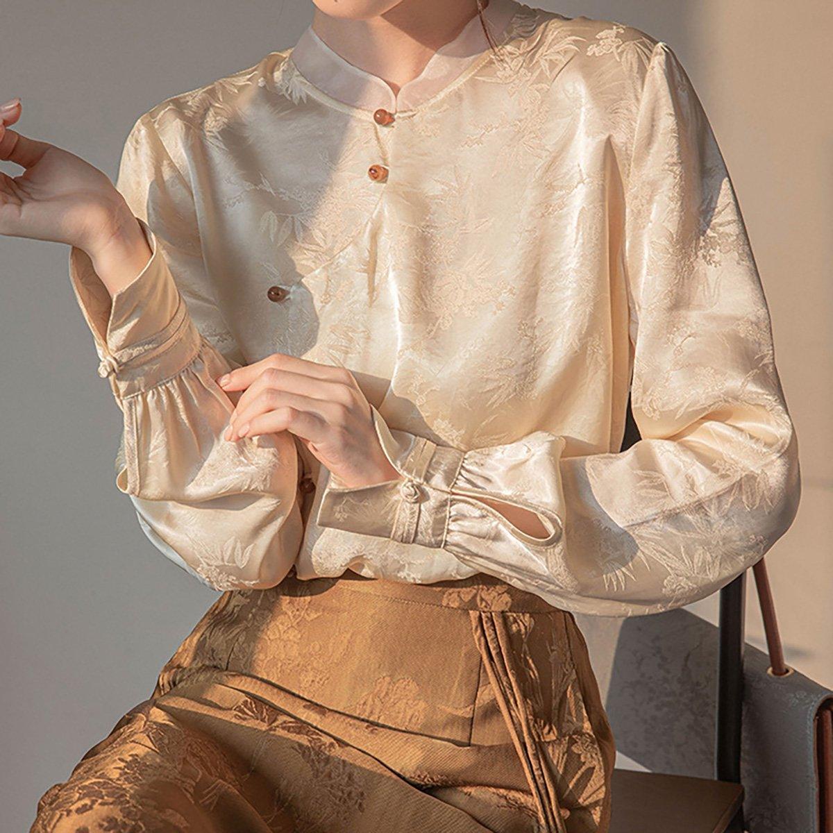 Neue chinesische Art Damen Top Stehkragen Langarm Elegantes Modehemd - L