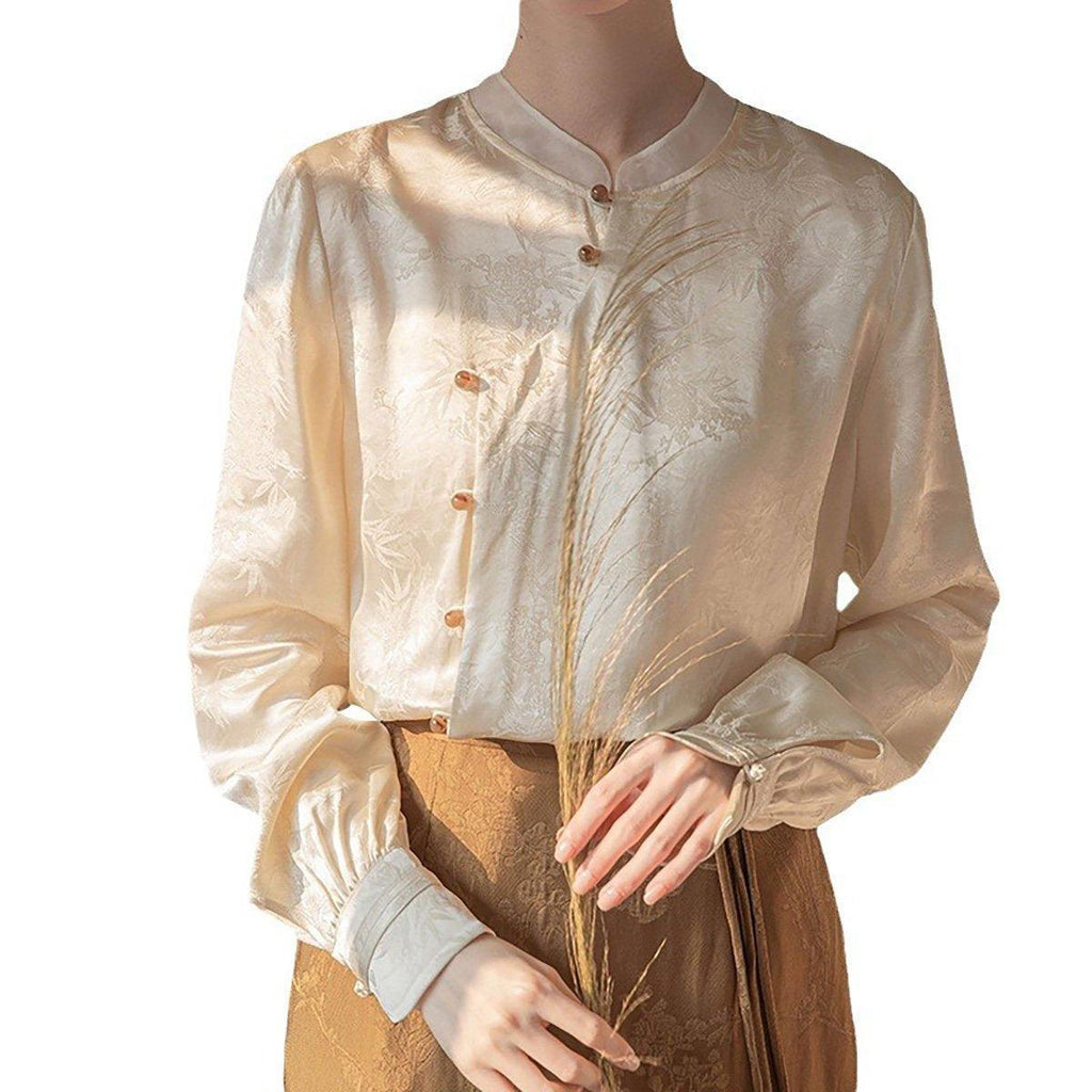 Neue chinesische Art Damen Top Stehkragen Langarm Elegantes Modehemd - L
