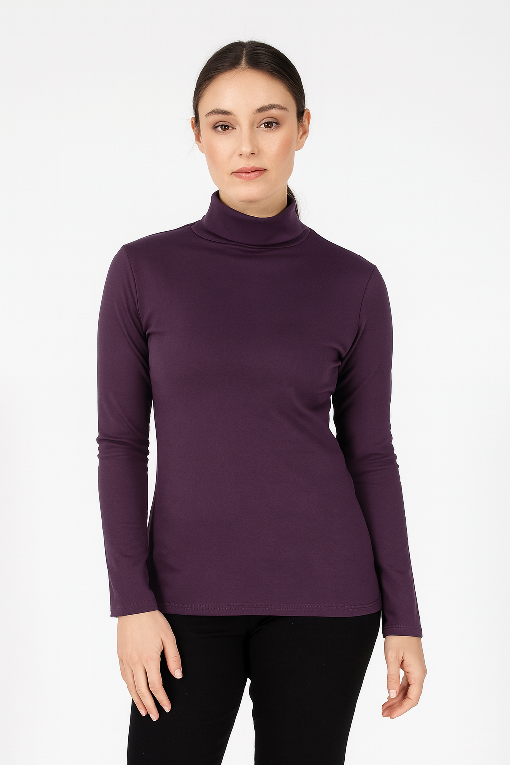 Damen Rollkragenpullover Langarm Shirt Einfarbig Warmer Rollkragen Baumwolle Hoher Hals - Pflaume - XS