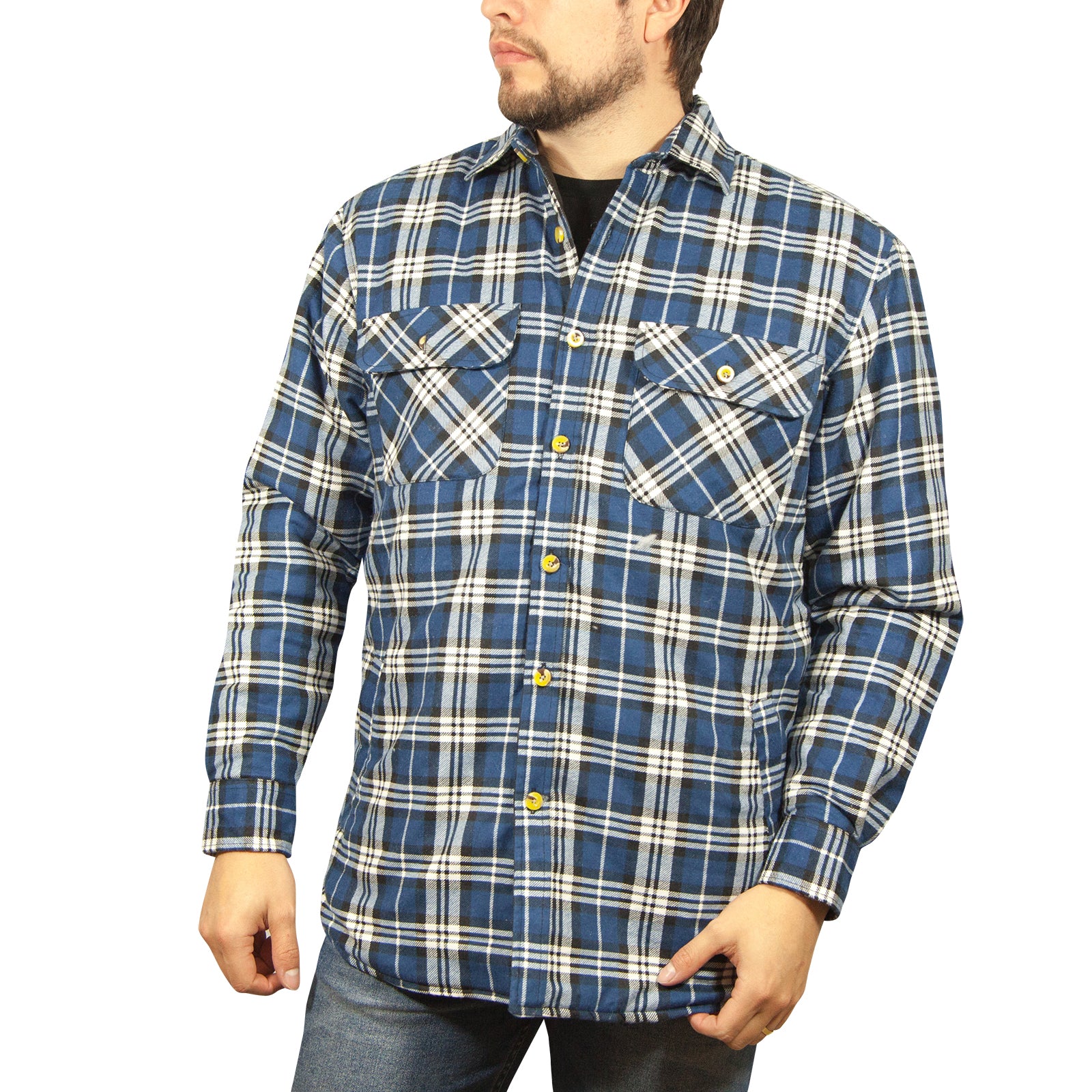 Herren Flanell Langarmhemd 100% Baumwolle Kariert - Durchgehende Knopfleiste - Spanisch Blau - 4XL